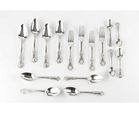 A matched service of early 19th Century silver King's pattern flatware, comprising thirty-two table spoons, six table forks, 