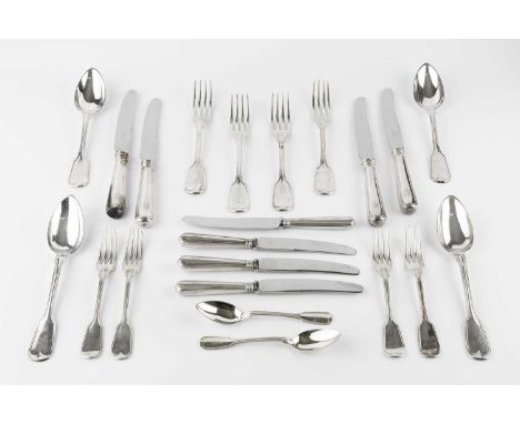 A service of German silver fiddle and thread pattern flatware, comprising twelve table forks, twelve table spoons, fourteen d