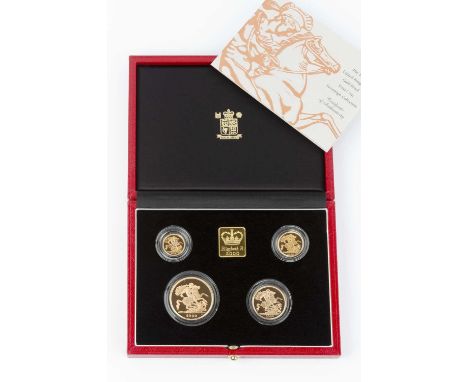 An Elizabeth II gold proof coin set, comprising a £5 coin, a £2 coin, a sovereign and a half sovereign, dated 2000, cased by 