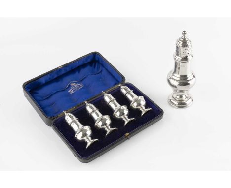 A set of four Edwardian silver baluster pepper castors, with girdled bodies, by S. Blanckensee &amp; Son Ltd., Birmingham 190