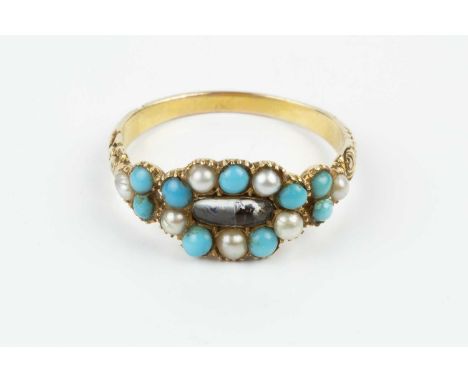 A 19th century turquoise and half pearl panel ring, with floral engraved shoulders, (shank later extended, half pearls untest