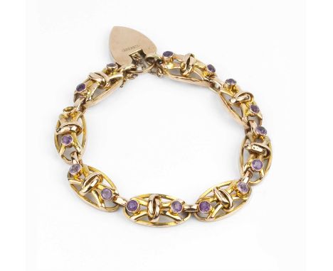 An amethyst set fancy-link bracelet, designed as a series of oval openwork panels, each accented with circular mixed-cut amet
