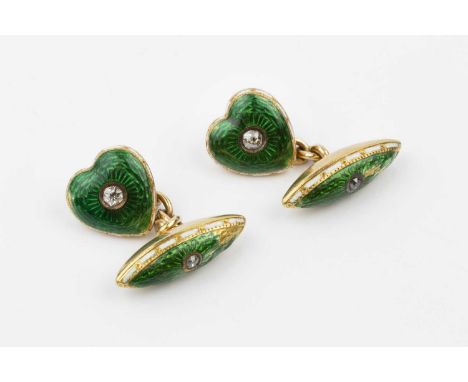 A pair of early 20th century enamel and diamond cufflinks, each designed as a heart-shaped panel centred with an old-cut diam