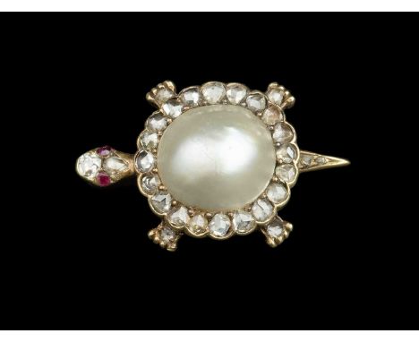 A Victorian pearl and diamond tortoise brooch, modelled with a blister pearl shell, edged with rose-cut diamonds in foiled cl