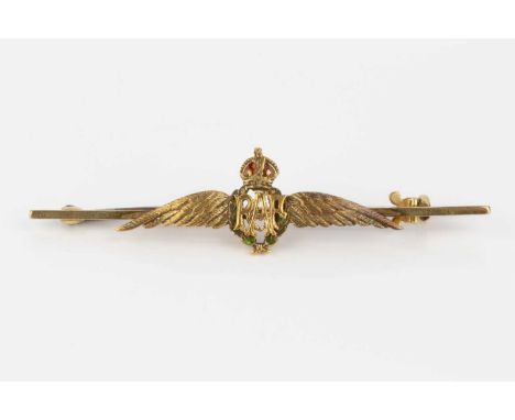 An RAF wings bar brooch, heightened with green and red enamel, stamped '18ct', length 5.4cmCondition report: Approximate gros