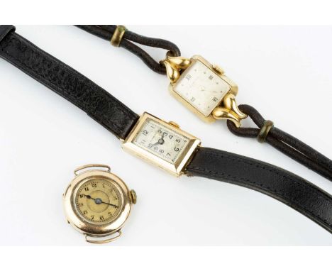 Two wristwatches, the first by Zenith, with rectangular silvered dial and jewelled manual movement, the case with Swiss gold 
