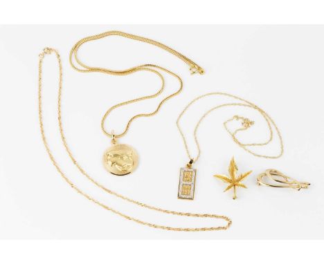 A collection of jewellery, comprising a 9ct two colour gold ingot pendant, issued by the Royal Mint, with diamond accents, nu