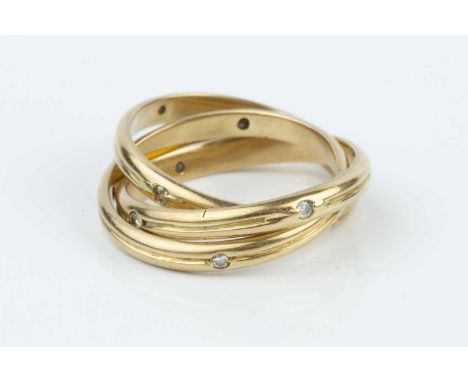 A diamond set Russian wedding band, designed as three entwined reeded bands, each inset with circular-cut diamonds, yellow pr