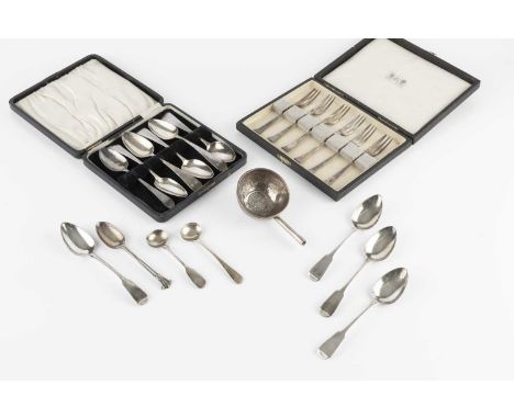 Six George III silver Old English pattern tea spoons, various other 19th century silver flatware, a set of six silver pastry 