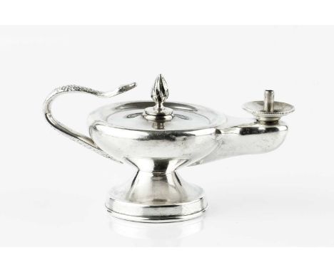 An Edwardian silver novelty cigar lighter, in the form of a Roman oil lamp with serpent handle, by Joseph Braham, London 1901