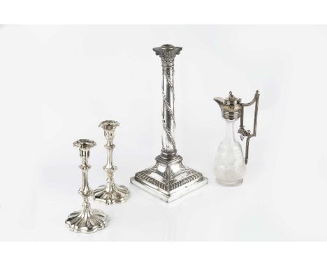 A Victorian silver plated table lamp, of column form with spiralling husk decoration and gadrooned square base, 46.5cm high, 