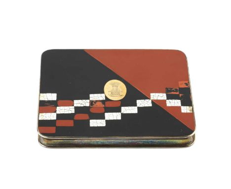A French silver gilt and enamel Art Deco style cigarette case, having stepped design to both sides in black, brick red and wh