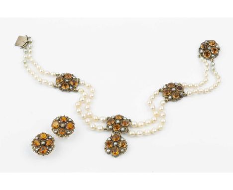 An Austro-Hungarian cultured pearl and citrine collar necklace and ear clips suite, the necklace designed as two strands of s