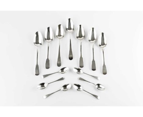 A small collection of mainly 19th Century silver flatware, comprising five fiddle pattern table spoons, a pair of Old English