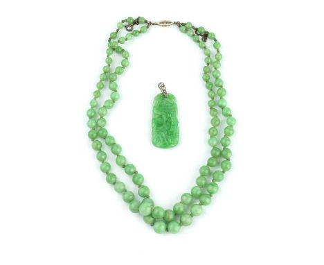 A jade bead necklace with diamond set clasp, comprising two stands of jadeite beads, graduating from approximately 5.3mm to 9
