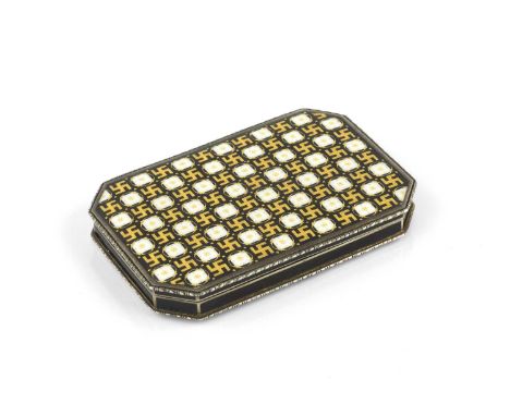 A Continental silver and enamel box, of rectangular form with canted angles, decorated to both sides in gilt with repeated ch