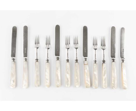 A set of six silver dessert knives and forks, with mother o'pearl handles, by Harrison Bros &amp; Howson, Sheffield 1919, 14o