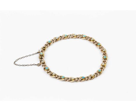 A late Victorian/Edwardian turquoise and half pearl set bracelet, of hollow curb-link design, stamped '15', (half pearls unte