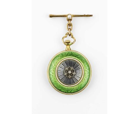 An early 20th century enamel and diamond set fob watch, the circular silvered dial with stylized Arabic numerals, to a keyles