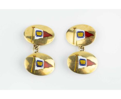 Of yachting interest: A pair of enamel cufflinks, each oval panel decorated with The Royal Cruising Club burgee in shades of 