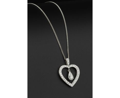 A diamond pendant on chain, the openwork heart-shaped pendant edged with round brilliant-cut diamonds, suspending a pear-shap