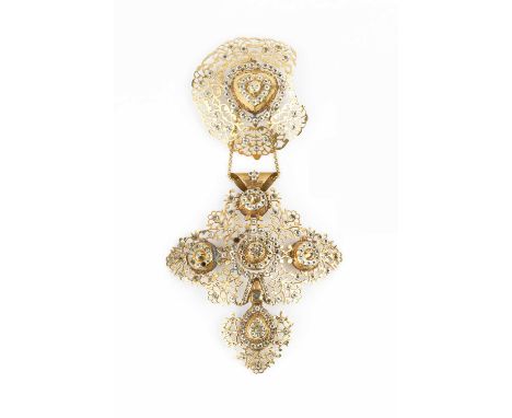 A 19th century Normandy paste cross pendant, with clusters and channels of circular-cut white pastes in foiled closed-back se