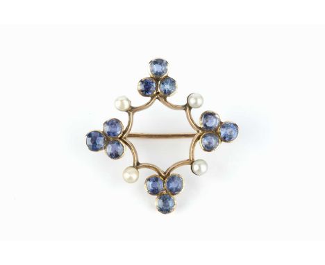 A sapphire and bouton pearl wreath brooch, collet set with trios of circular mixed-cut sapphires to the cardinal points, spac