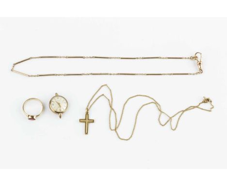 A collection of jewellery, comprising a baton and trace-link chain, with swivel clasp indistinctly stamped '9 .375', a 9ct go