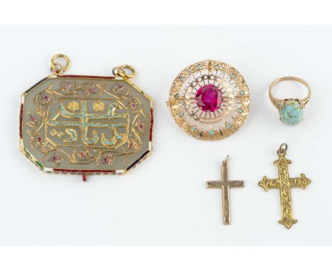 A collection of jewellery, comprising an Indian gem set and enamel panel/pendant, applied with a wreath of red stone and diam