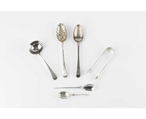 A small collection of assorted silver flatware, comprising a George III bright cut table spoon, a George III Old English patt