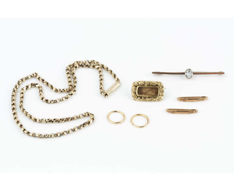A collection of jewellery, comprising a 19th century memorial panel brooch, the plaited hairwork compartment bordered by flow
