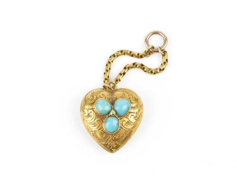 A Victorian turquoise set memorial pendant, the heart-shaped pendant engraved with foliate scrolls and centred with a trio of