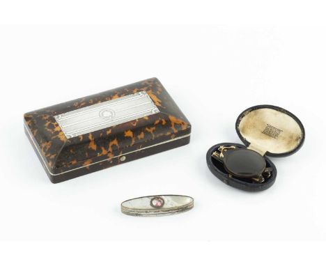 A 19th Century tortoiseshell necessaire, the rectangular case with engraved silver inset plaque to the lid, the interior fitt