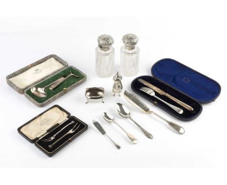 A collection of silver, comprising a pair of Victorian silver topped cut glass scent bottles, by John Grinsell &amp; Sons, Bi