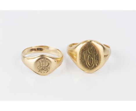 An 18ct gold signet ring, monogrammed, with interior inscription, and a smaller signet ring, stamped '9CT', also monogrammed,