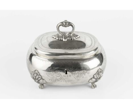 A 19th century Continental silver tea caddy, of rounded form, engraved with flowers and having foliate capped paw feet, stamp