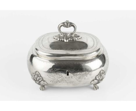 A 19th century Continental silver tea caddy, of rounded form, engraved with flowers and having foliate capped paw feet, stamp