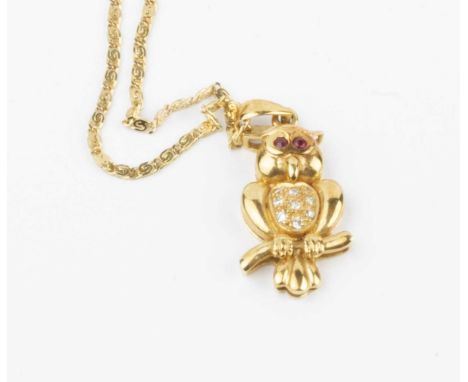 A collection of jewellery, comprising a curb-link bracelet with 9ct gold padlock clasp, suspending a 9ct gold owl charm with 