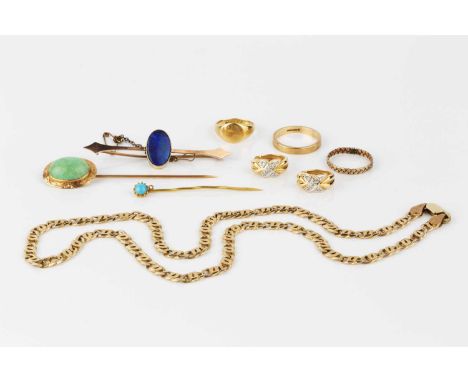 A collection of jewellery, comprising a yellow precious metal fancy-link chain, with later fittings, a pair of diamond set ea