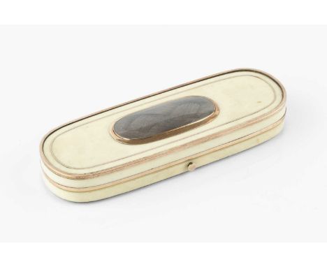 A Georgian ivory patch box, of elongated oval form, with oval hairwork panel to the cover, and mirror inset interior, 9cm wid