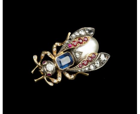 A diamond and vari gem-set insect brooch, naturalistically modelled with baroque pearl abdomen, octagonal step-cut sapphire t