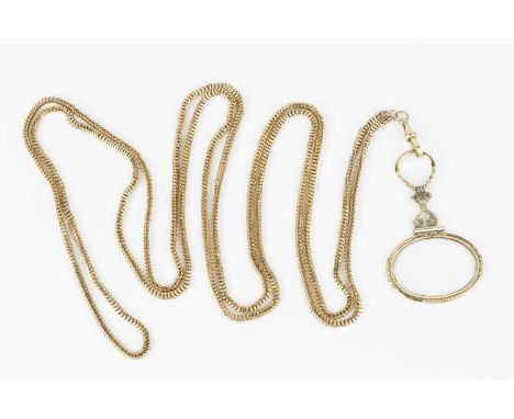 A fancy-link long chain, the swivel clasp stamped '9c', the loop fitting stamped '9 .375', suspending a lorgnette, with folia