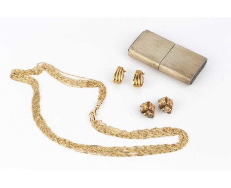 A collection of jewellery, comprising a 9ct gold multi-strand fancy-link necklace, a Victorian gilt metal locket pendant, mon