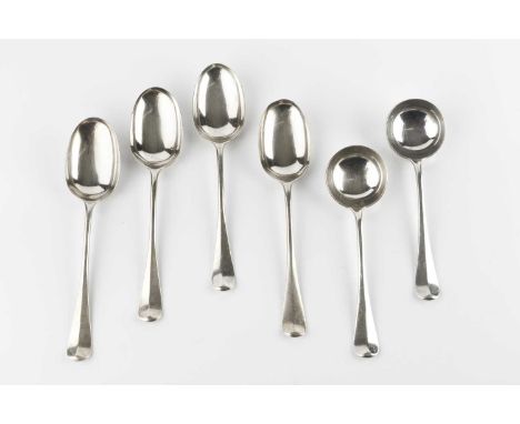 A small quantity of silver Hanoverian pattern flatware, comprising four table spoons, two soup spoons, a table fork and a des