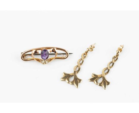 An amethyst and half pearl set panel brooch, of openwork scrolled design, stamped '9CT', and a pair of 9ct gold ear pendants,