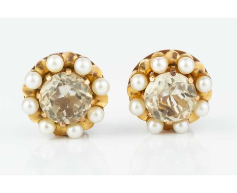 A pair of cultured pearl and gem set cluster ear clips, each centred with a circular mixed-cut pale smoky quartz/citrine in c
