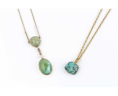 Two pendant necklaces, the first with cabochon and bouton pearl pendant, suspended from a baton and trace-link back chain, st