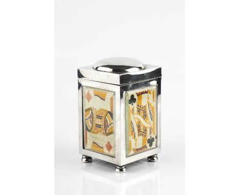An Edwardian silver games/playing card box, with hinged cover, the four sides with bevelled glass panels inset with playing c
