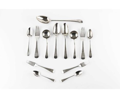 A canteen of Georgian silver Old English pattern flatware, comprising a gravy spoon, a pair of sauce ladles, 12 tablespoons, 