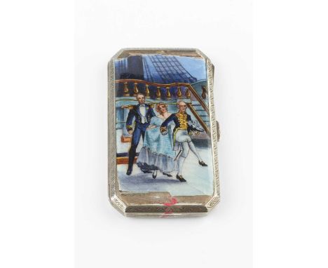 A silver and enamel rectangular cigarette case, with canted corners, the front decorated with guilloche enamel scene from H.M